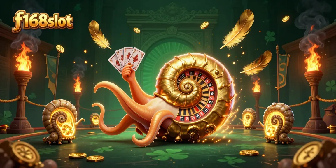 Experience f168slot in a vibrant 3D scene with a golden roulette nautilus and glowing ammonites.