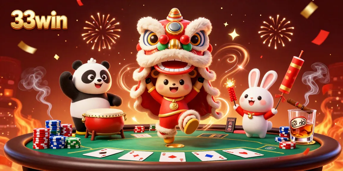 Engage in thrilling gameplay with 33win featuring a festive lion dance and poker elements.