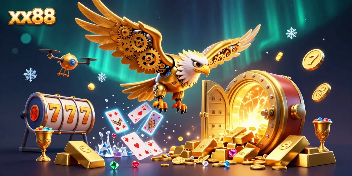 Experience thrilling jackpots at xx88 with a dynamic 3D illustration showcasing cybernetic eagles and slot games.