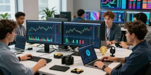 Real-time market analysis at 업투익스체인지, showcasing professionals engaging with cryptocurrency data and technology.