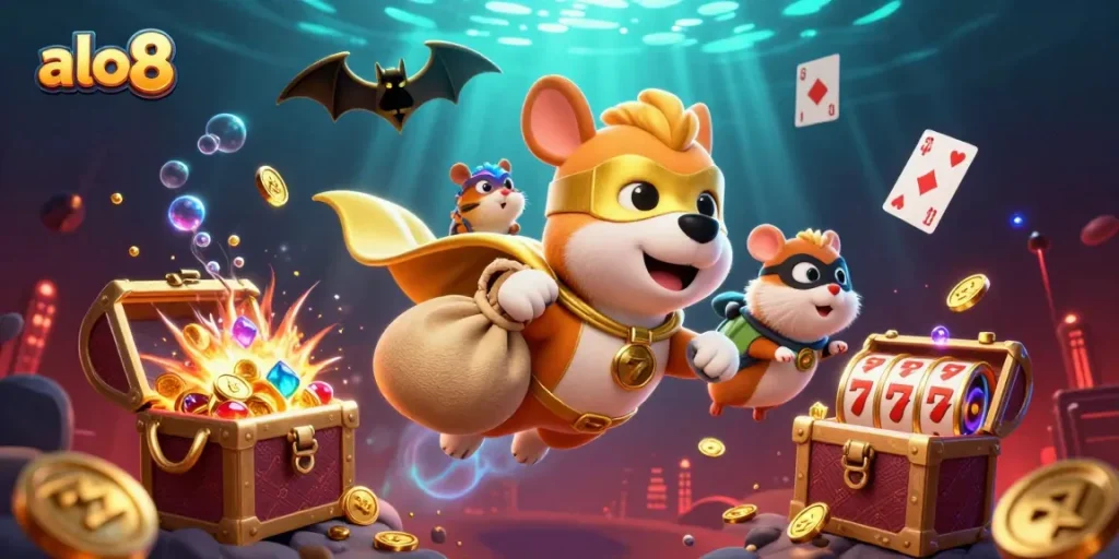 Spin and win at ALO8 with colorful slot reels and gold coins in a dynamic casino scene.
