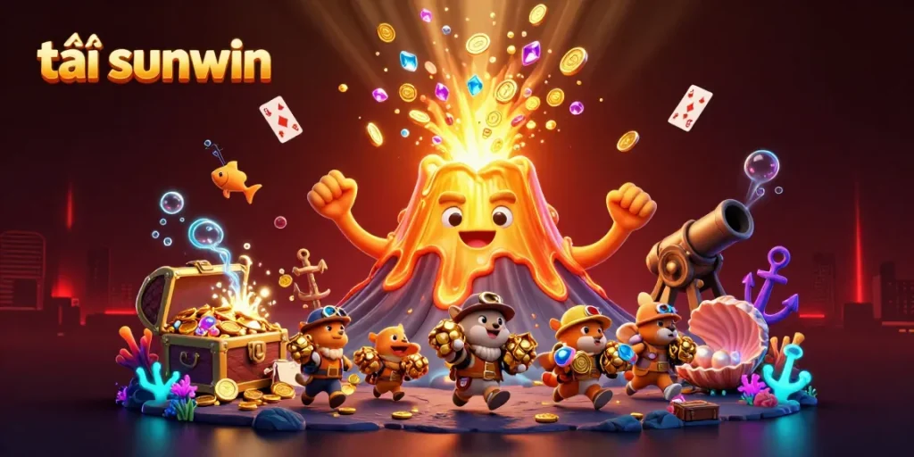 Engage with thrilling moments at tải sunwin featuring a volcano of treasures overflowing with gems and coins in an exciting casino setting.