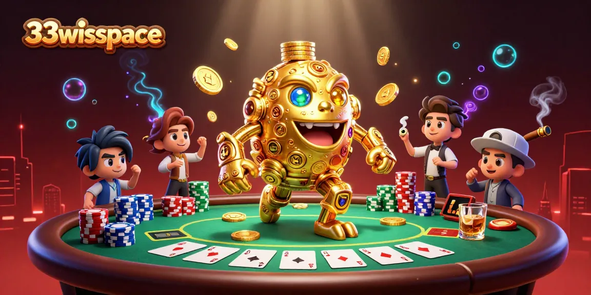 Win big with 33winspace in this vibrant casino scene featuring a golden golem and poker elements.