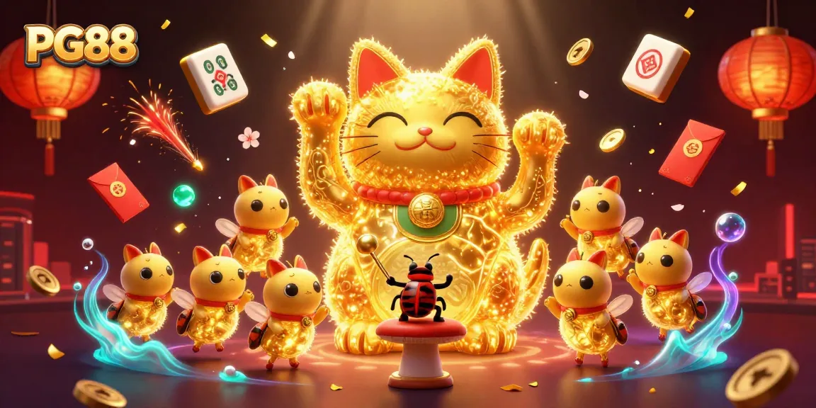 PG88 invites you to explore a lively 3D casino scene with a lucky cat and vibrant symbols.