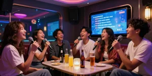 강남가라오케에서 친구들과 함께 노래하며 즐거운 시간을 보내는 모습