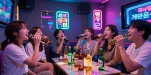 제주유흥에서 친구들과 즐거운 시간을 보내는 모습, 화려한 조명과 노래방 배경.