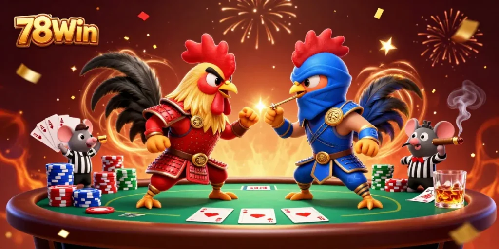 Experience the excitement of 78Win with dynamic rooster showdown at the poker table.