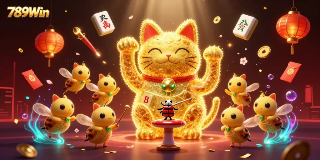 Experience thrilling casino excitement with 789Win featuring a lucky cat surrounded by vibrant casino symbols.