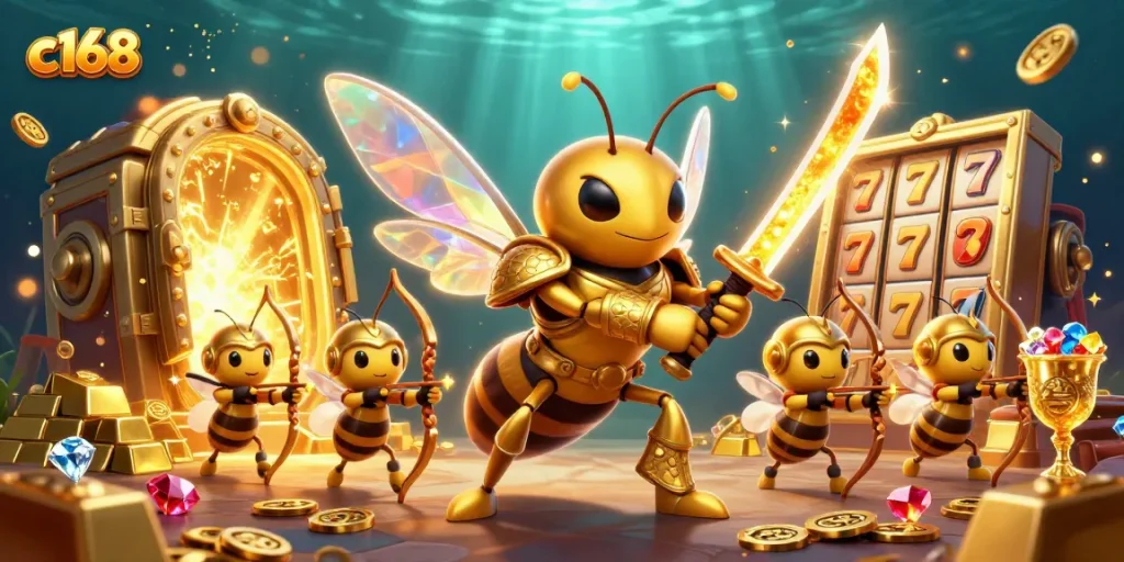 Engage in rich gameplay with c168, featuring a golden hornet samurai and lively gambling elements.