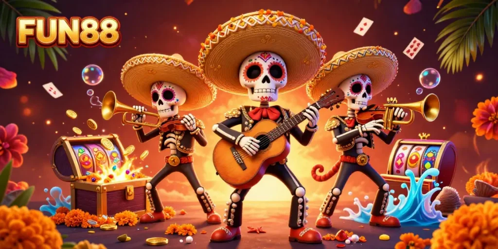 Experience the thrilling world of FUN88 casino with colorful mariachi skeletons and exciting game elements.