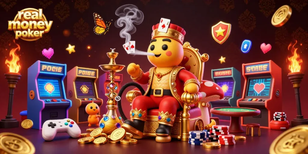 Engage in real money online poker with colorful casino-themed 3D illustration featuring poker elements.