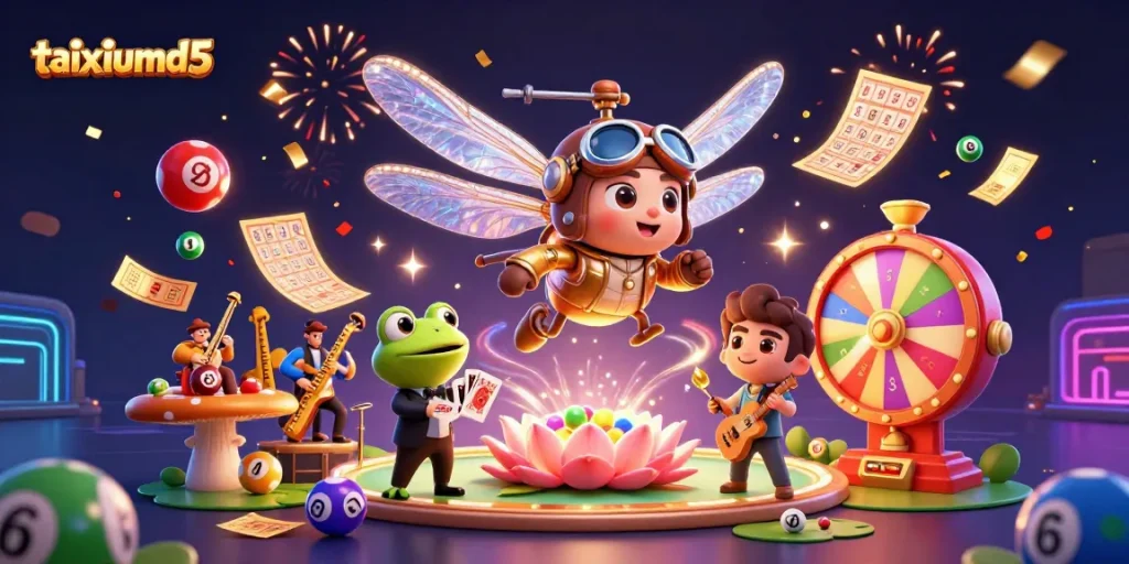 Experience excitement with taixiumd5 in this vibrant casino scene featuring a dragonfly pilot and frog dealer.