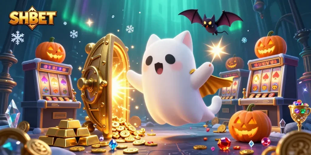 Engage in thrilling gameplay at SHBET, showcasing a vibrant haunted casino with ghostly charm and sparkling treasures.